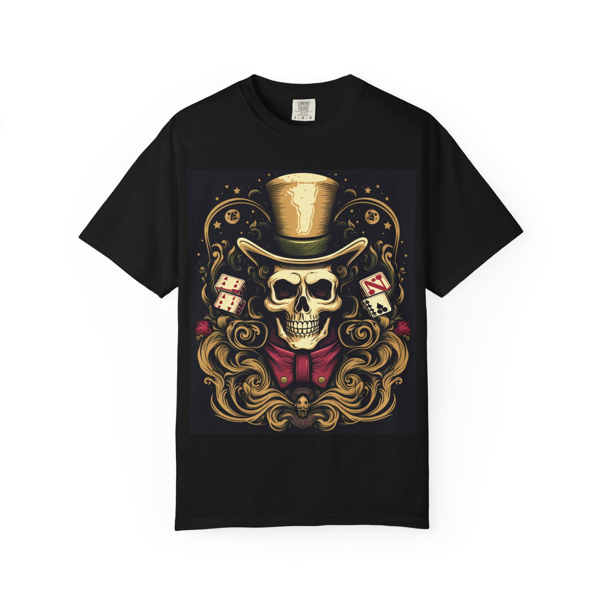 Skull Gambler T-Shirt — Vintage Top Hat Skull with Dice & Cards Graphic