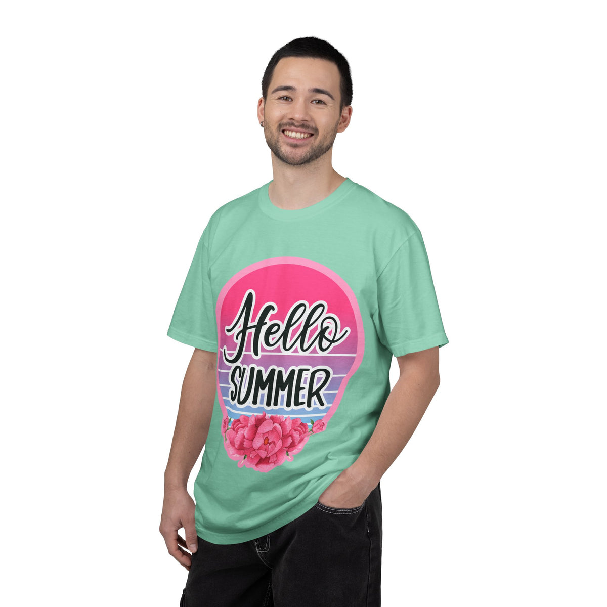 Hello Summer T-Shirt — Pink Retro Sunset Floral Tee