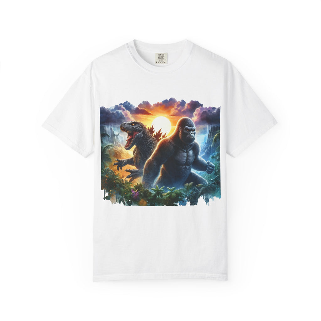 Sunset Kaiju Battle T-Shirt | King Kong and T-Rex Dinosaur Illustration