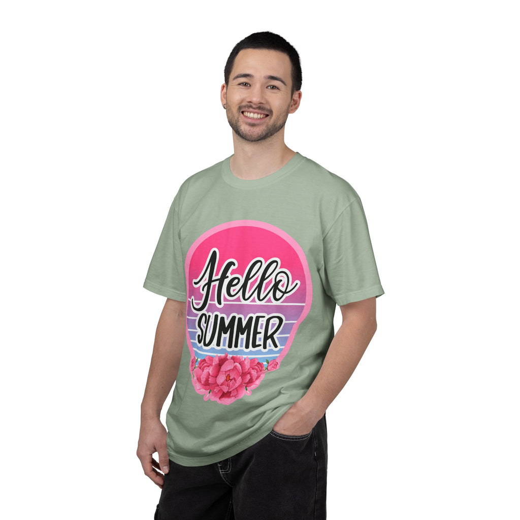 Hello Summer T-Shirt — Pink Retro Sunset Floral Tee
