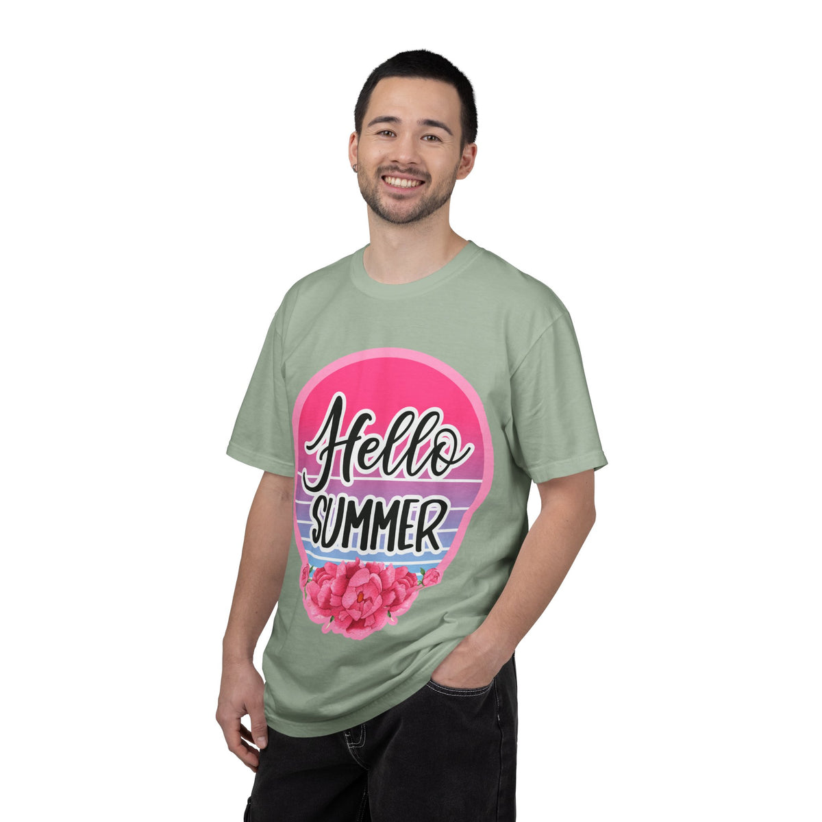 Hello Summer T-Shirt — Pink Retro Sunset Floral Tee