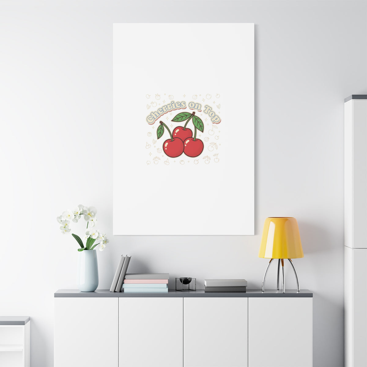 Cherries on Top Canvas | Retro Kawaii Fruit Print, Cherry Wall Art