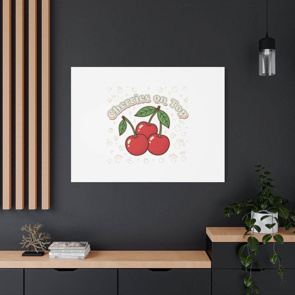 Cherries on Top Canvas | Retro Kawaii Fruit Print, Cherry Wall Art