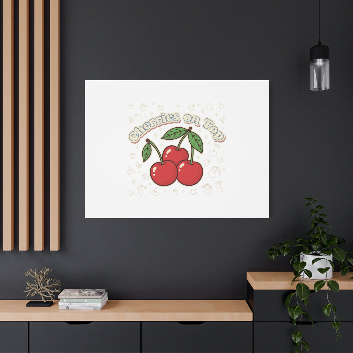Cherries on Top Canvas | Retro Kawaii Fruit Print, Cherry Wall Art