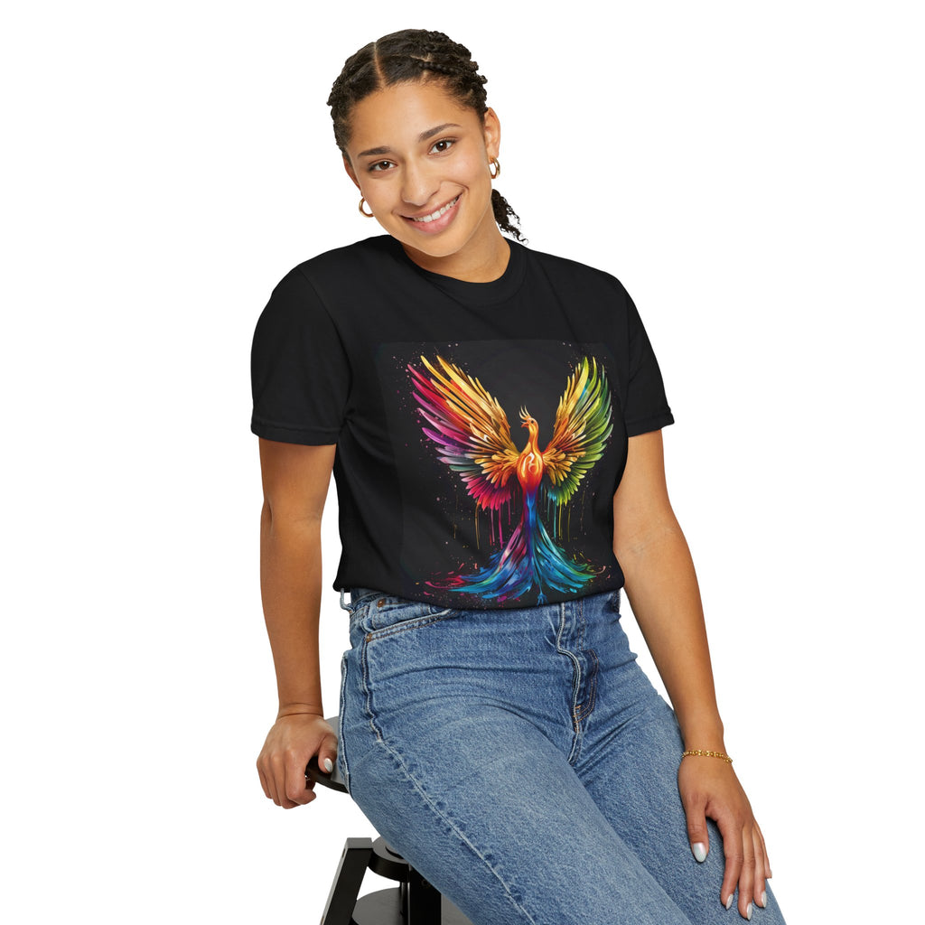 Phoenix Paint Splash T-Shirt — Vibrant Rainbow Bird Graphic Tee