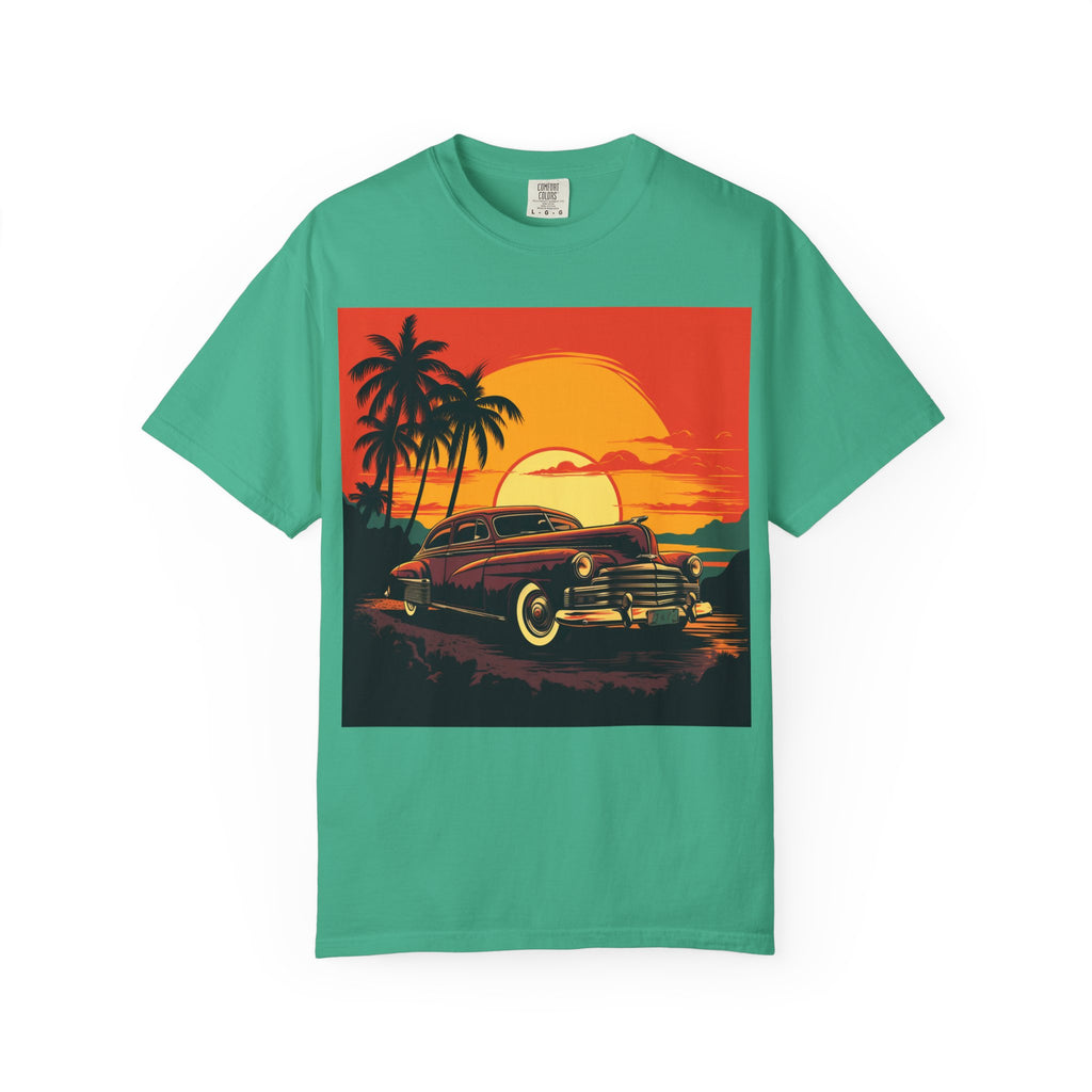 Vintage Sunset Car T‑Shirt — Retro Palm Beach Cruiser Tee