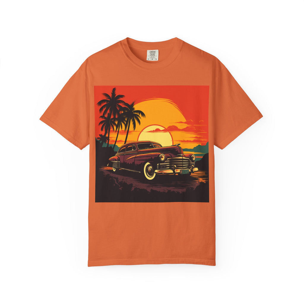 Vintage Sunset Car T‑Shirt — Retro Palm Beach Cruiser Tee