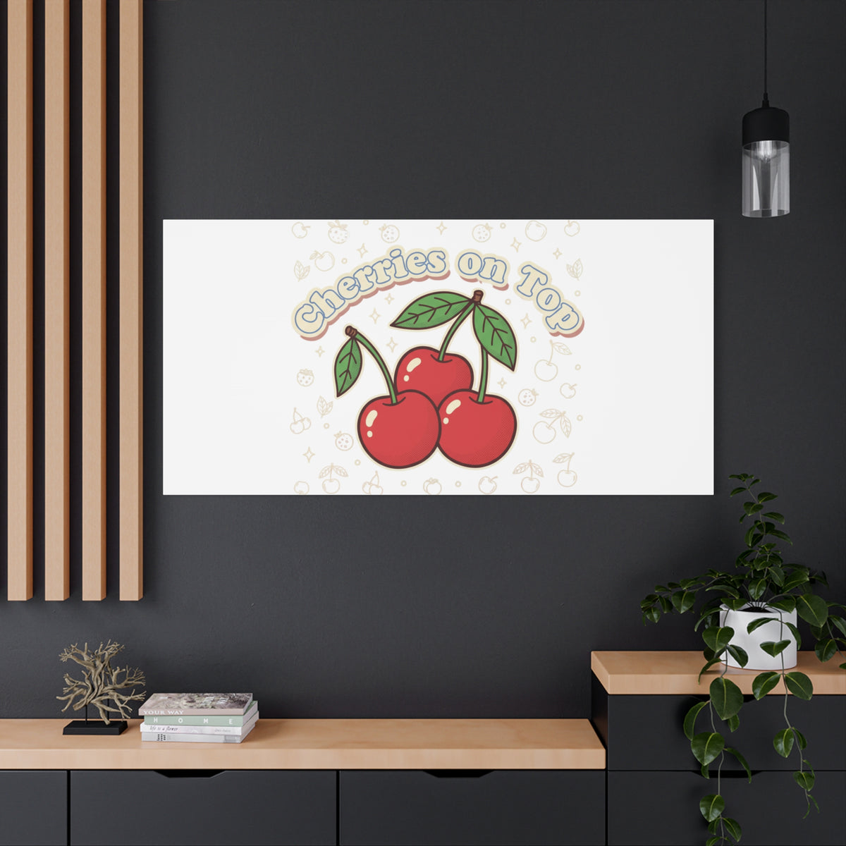 Cherries on Top Canvas | Retro Kawaii Fruit Print, Cherry Wall Art
