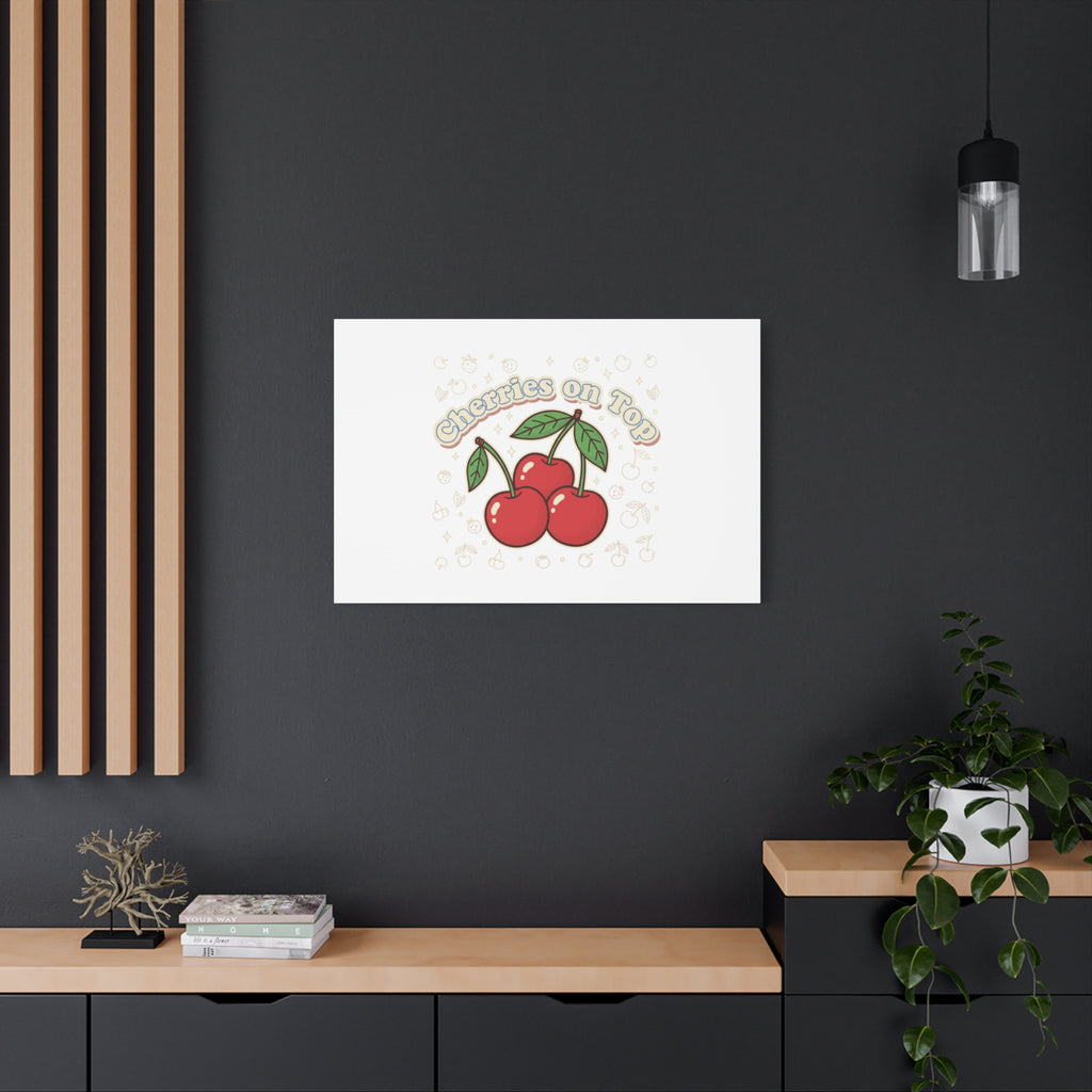 Cherries on Top Canvas | Retro Kawaii Fruit Print, Cherry Wall Art
