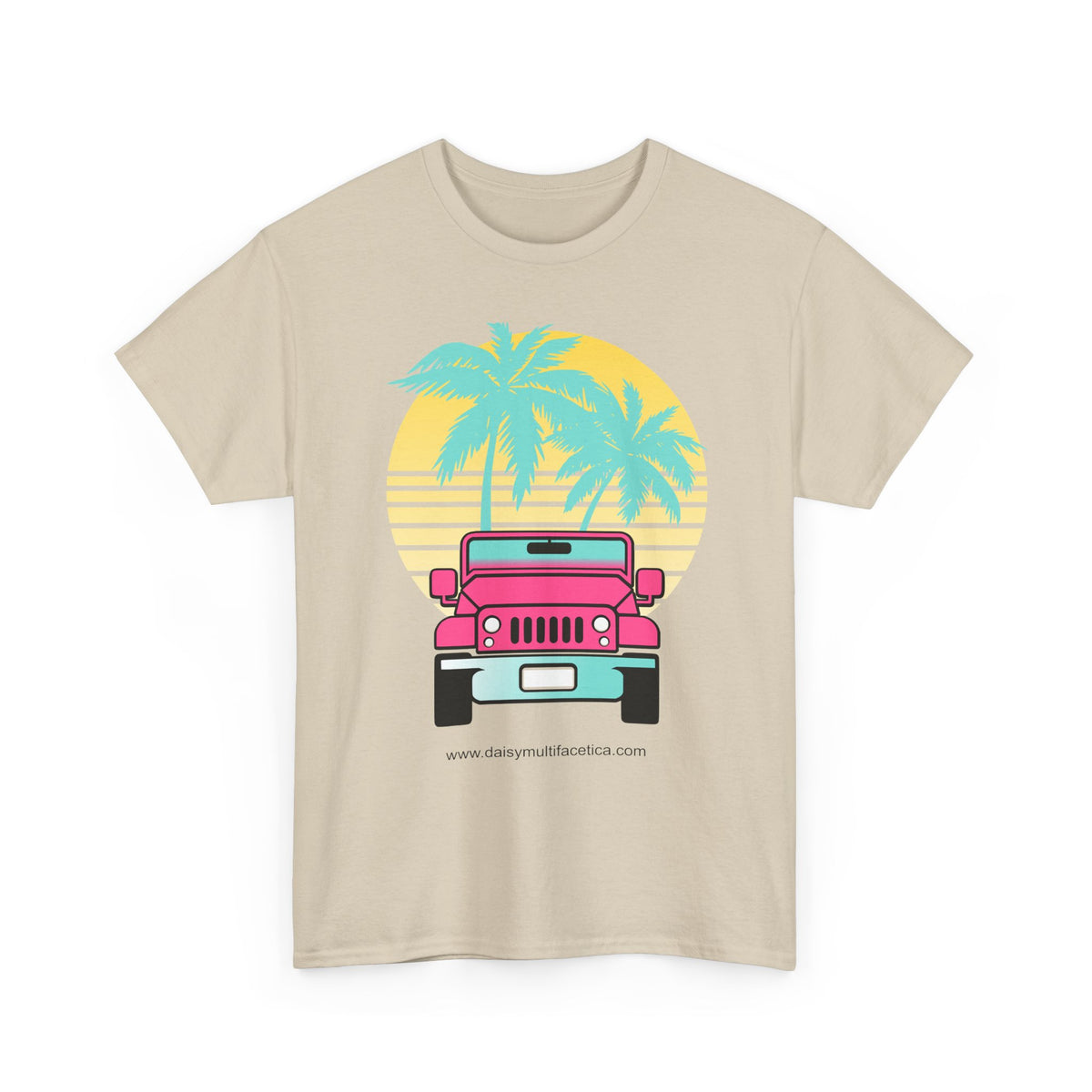 Retro Pink Jeep Tee — Tropical Palm Sunset Vintage Beach T-Shirt