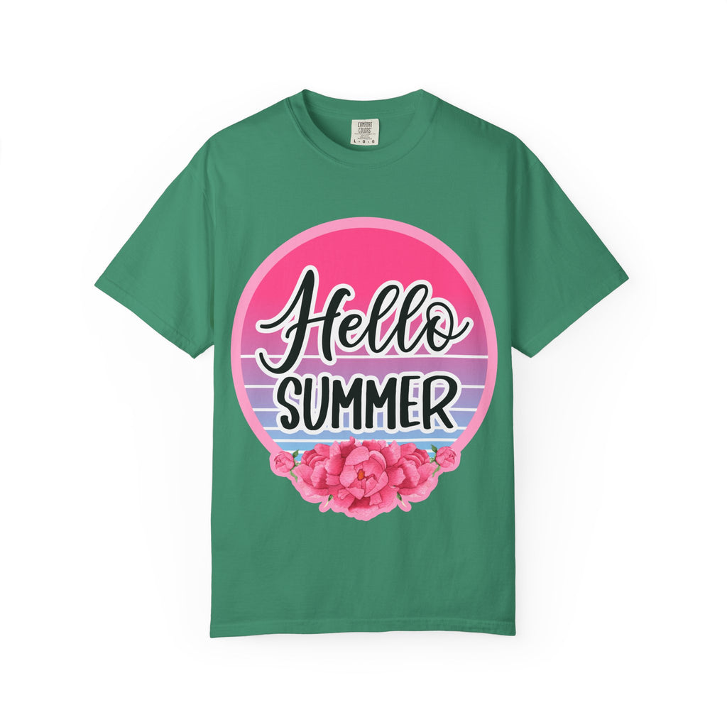 Hello Summer T-Shirt — Pink Retro Sunset Floral Tee