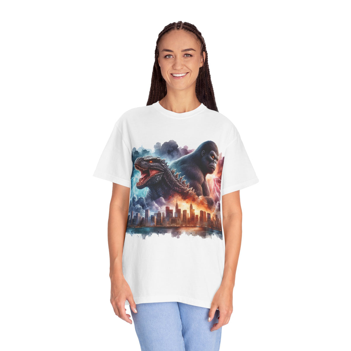 King Kong vs Monster Cityscape T-shirt | Giant Ape vs Serpent Illustration