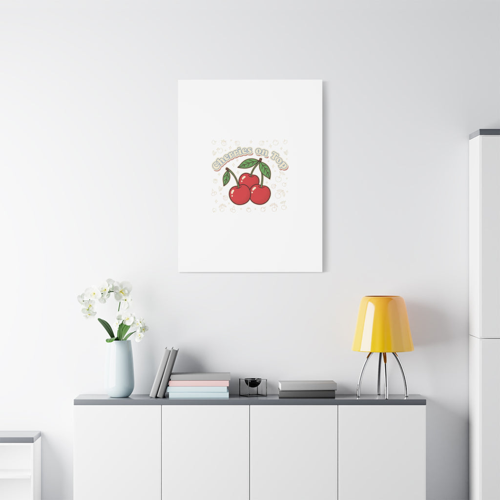 Cherries on Top Canvas | Retro Kawaii Fruit Print, Cherry Wall Art