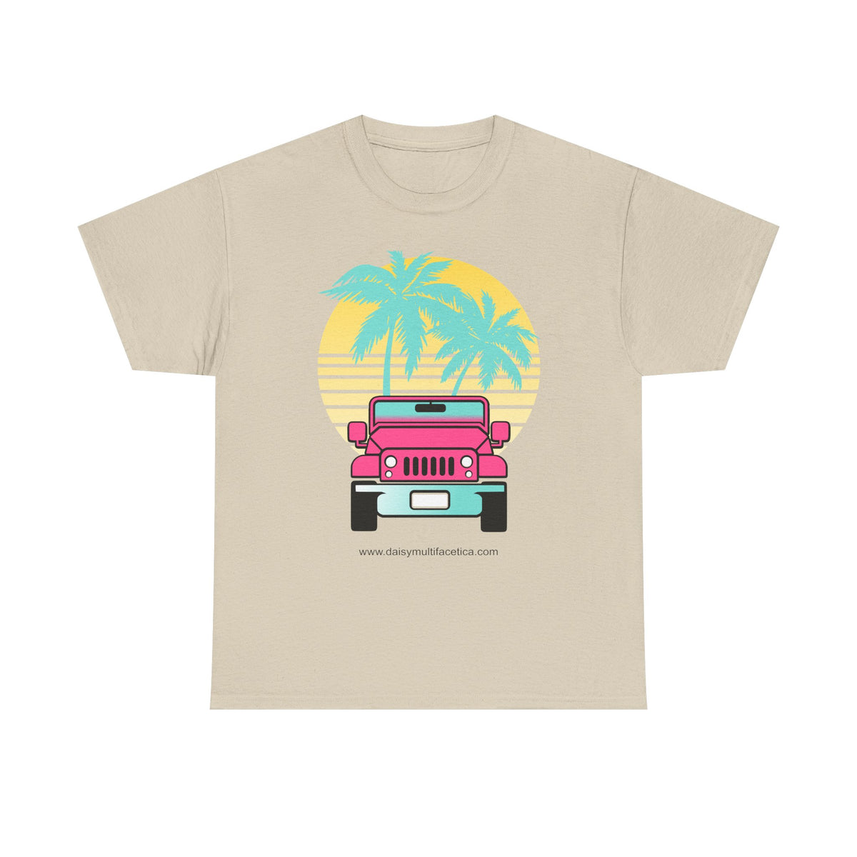Retro Pink Jeep Tee — Tropical Palm Sunset Vintage Beach T-Shirt