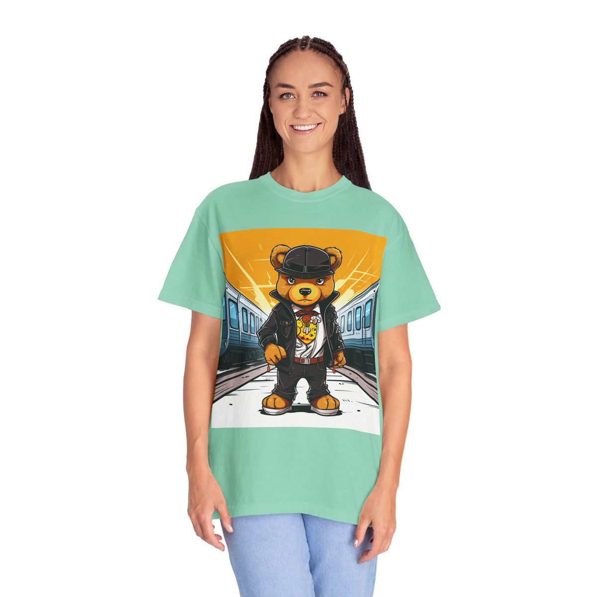 Streetwear Teddy Bear Graphic T-Shirt — Urban Train Station Design
