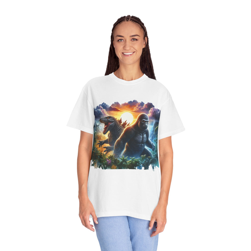 Sunset Kaiju Battle T-Shirt | King Kong and T-Rex Dinosaur Illustration