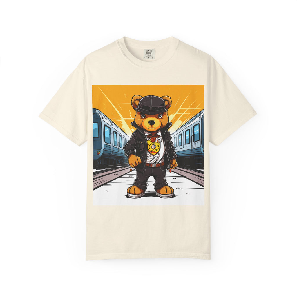 Streetwear Teddy Bear Graphic T-Shirt — Urban Train Station Design