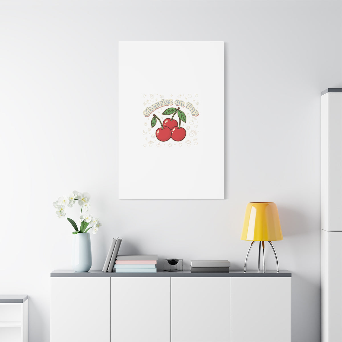 Cherries on Top Canvas | Retro Kawaii Fruit Print, Cherry Wall Art