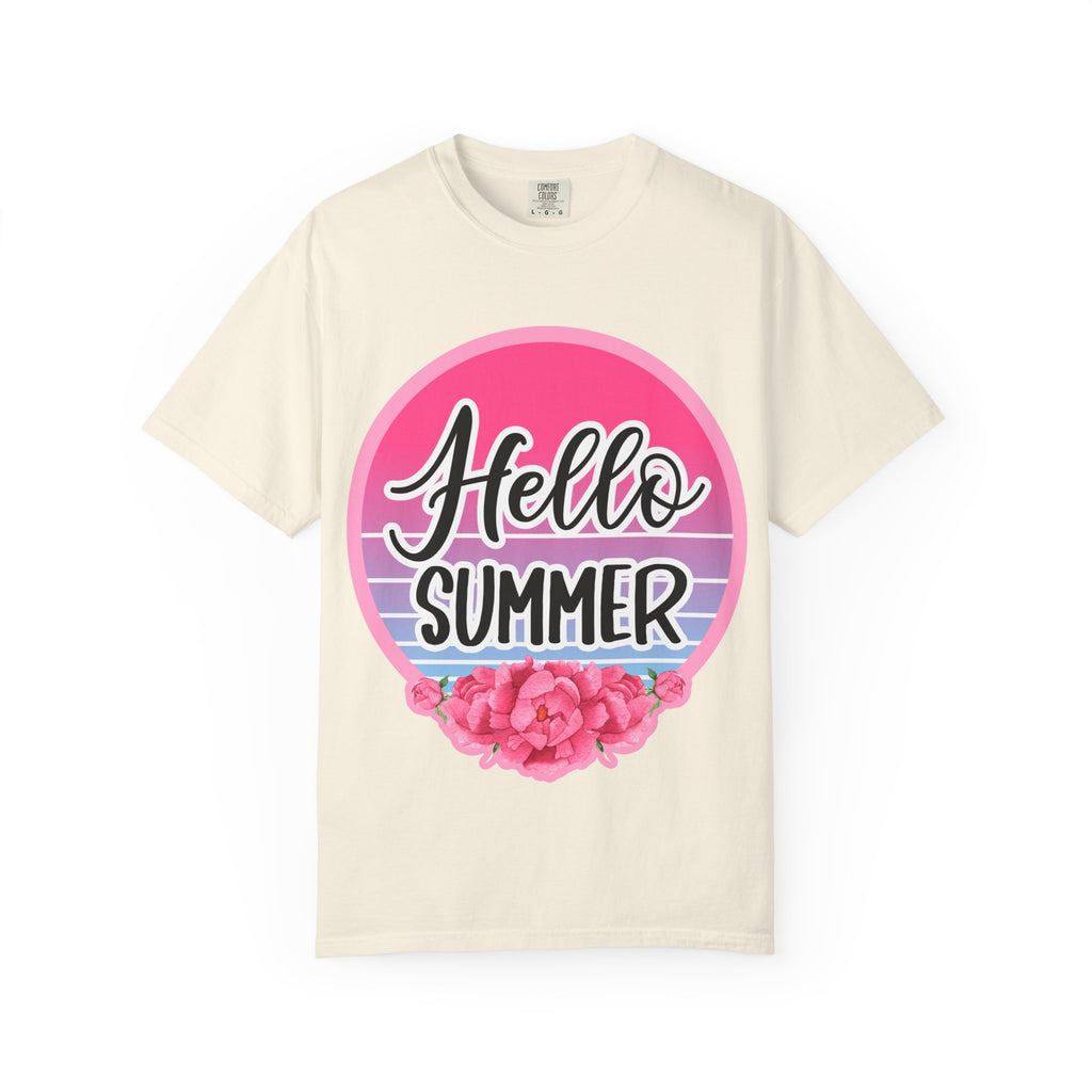 Hello Summer T-Shirt — Pink Retro Sunset Floral Tee