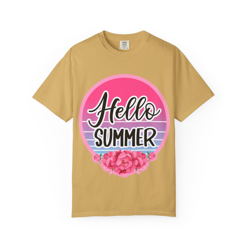 Hello Summer T-Shirt — Pink Retro Sunset Floral Tee