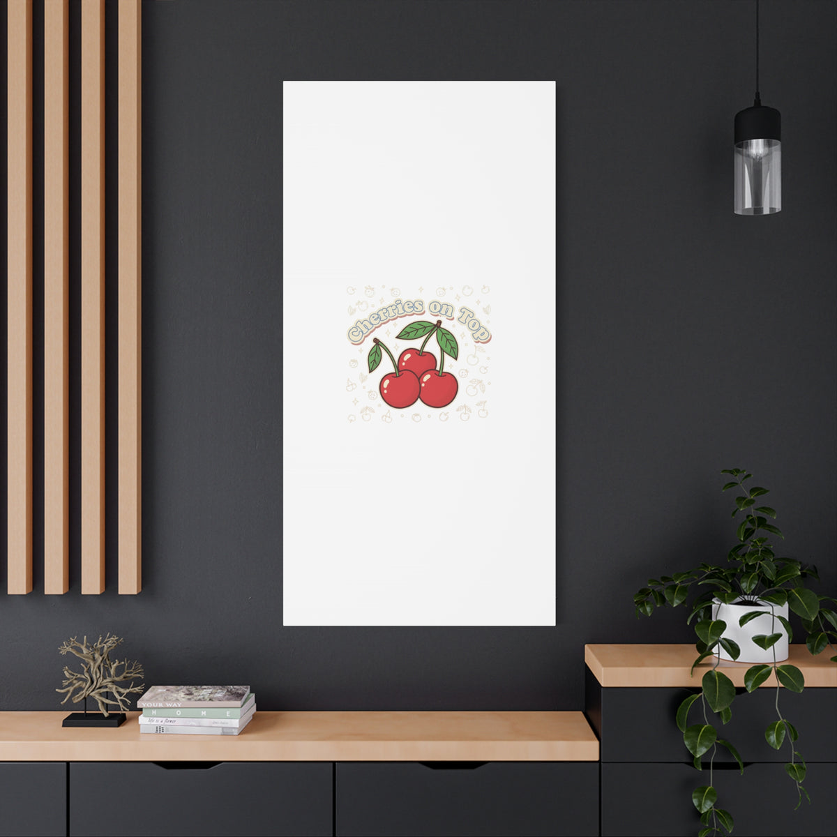 Cherries on Top Canvas | Retro Kawaii Fruit Print, Cherry Wall Art