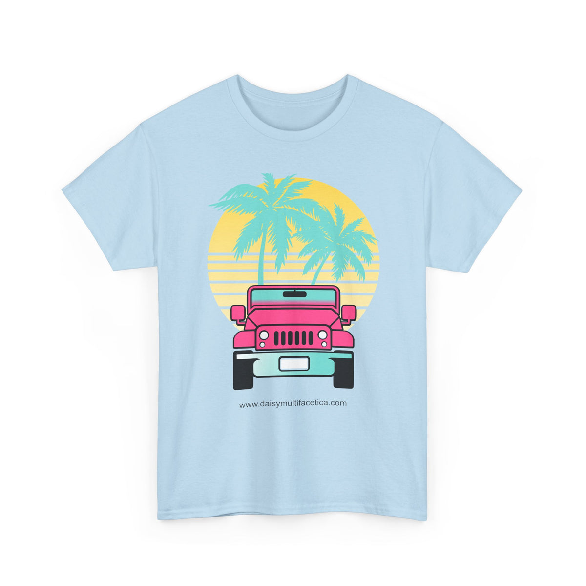 Retro Pink Jeep Tee — Tropical Palm Sunset Vintage Beach T-Shirt