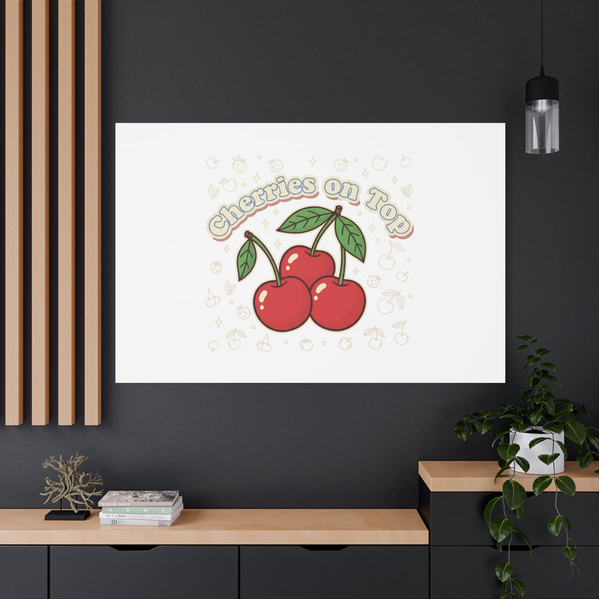 Cherries on Top Canvas | Retro Kawaii Fruit Print, Cherry Wall Art