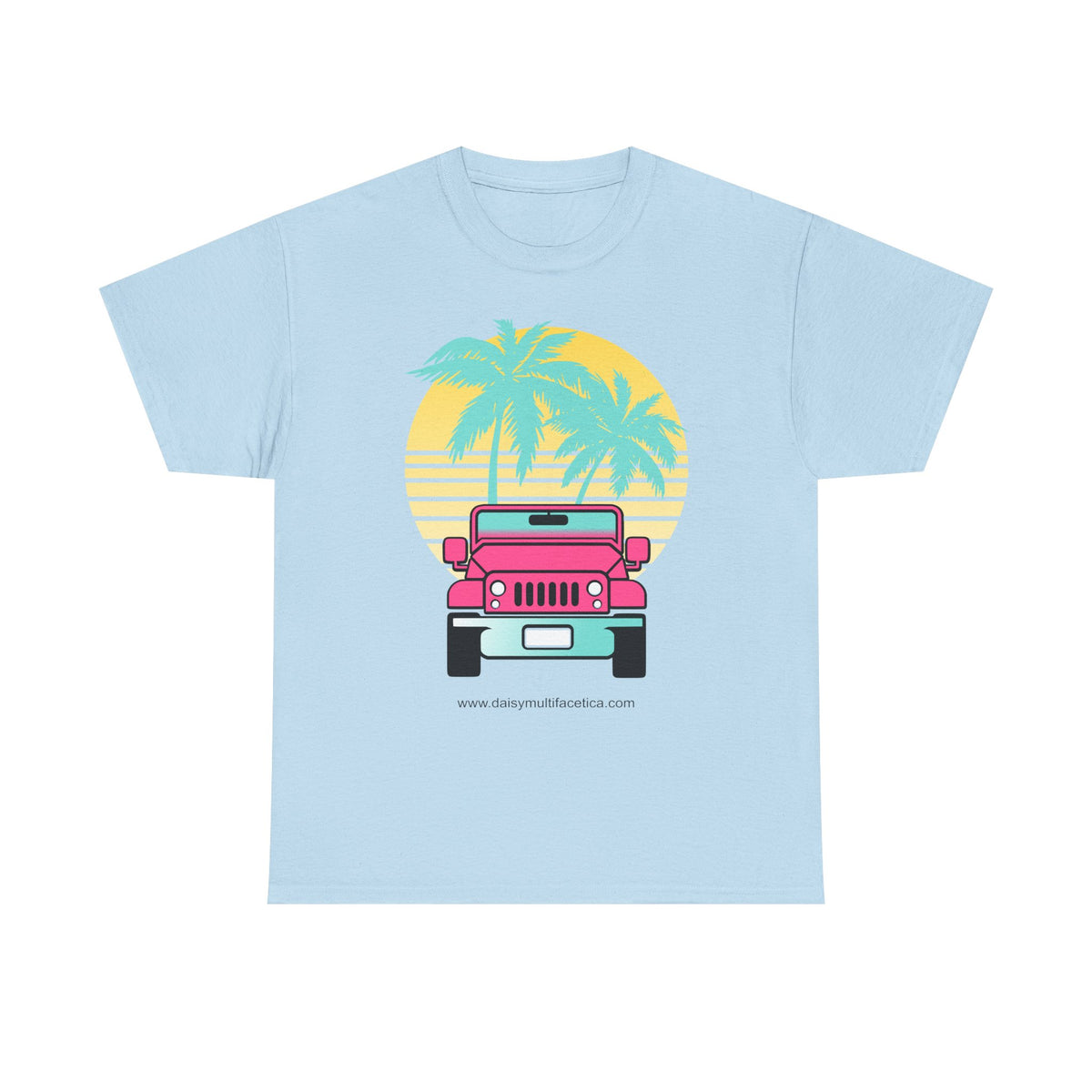 Retro Pink Jeep Tee — Tropical Palm Sunset Vintage Beach T-Shirt