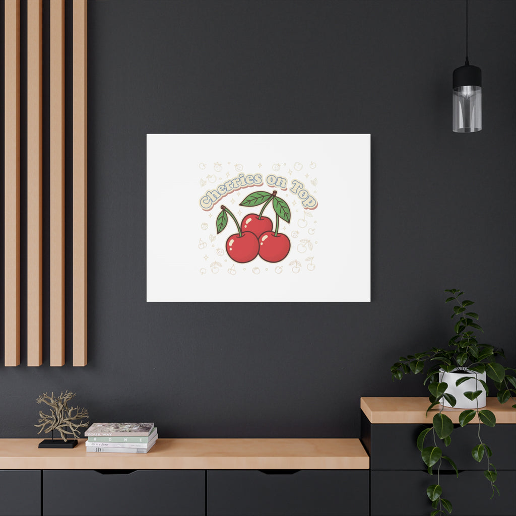 Cherries on Top Canvas | Retro Kawaii Fruit Print, Cherry Wall Art