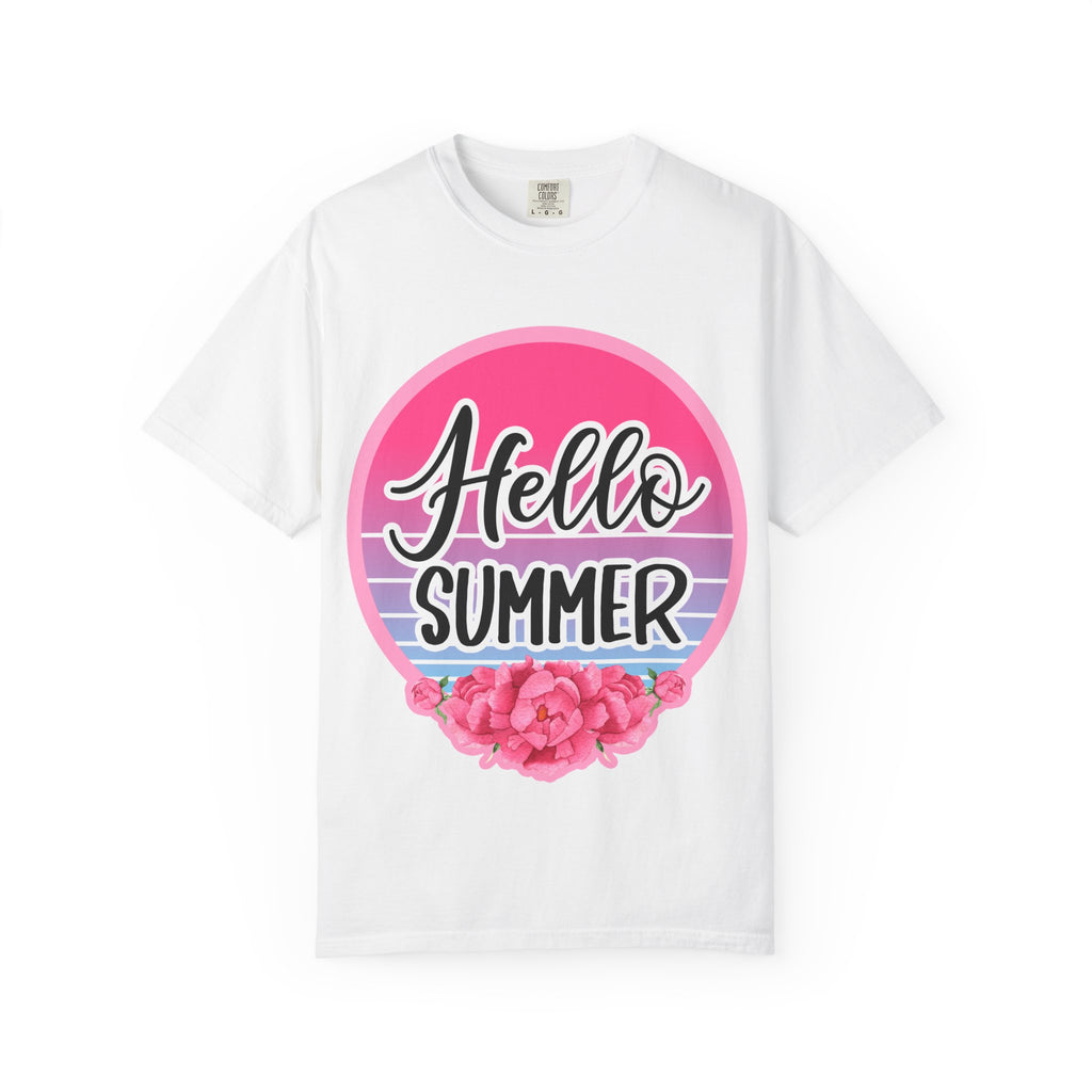 Hello Summer T-Shirt — Pink Retro Sunset Floral Tee