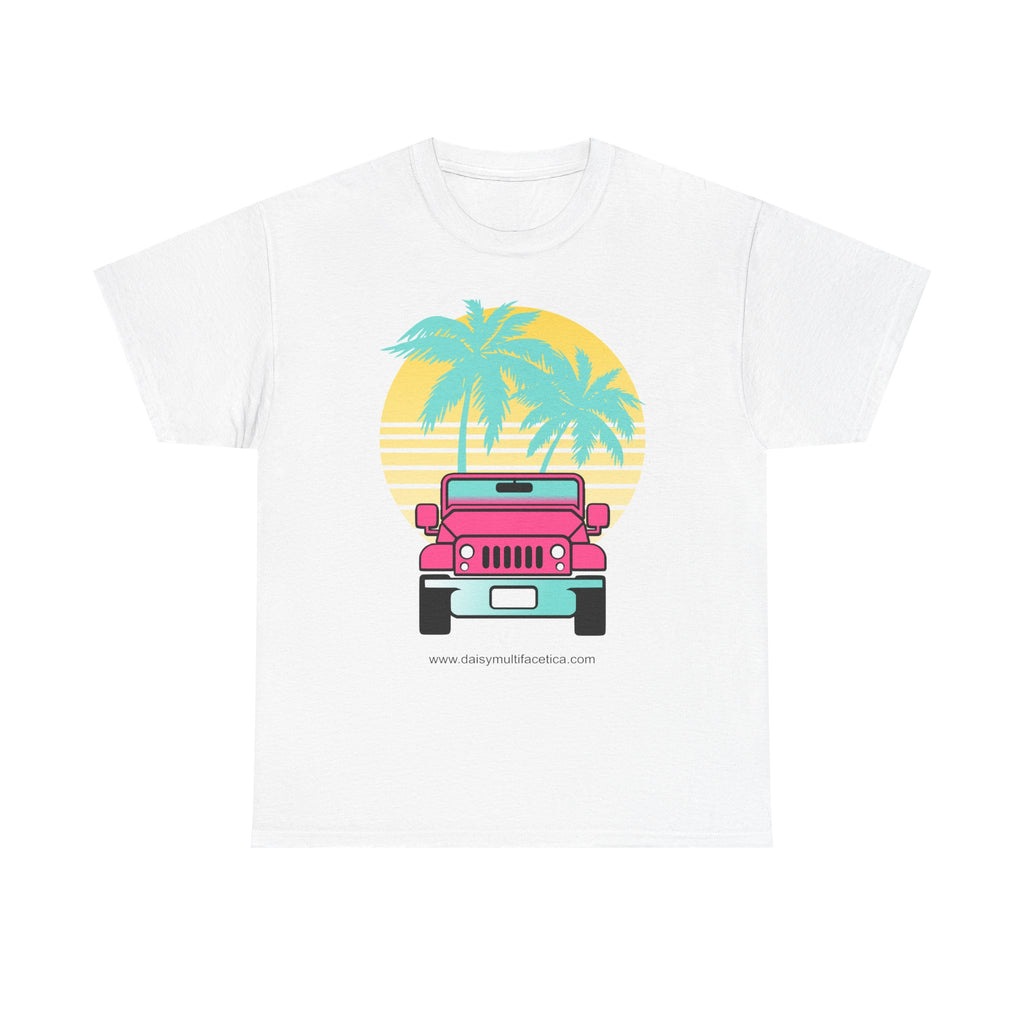 Retro Pink Jeep Tee — Tropical Palm Sunset Vintage Beach T-Shirt