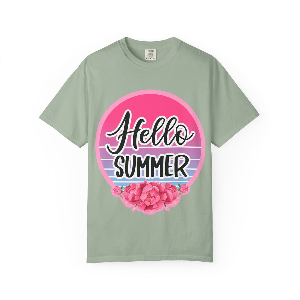 Hello Summer T-Shirt — Pink Retro Sunset Floral Tee