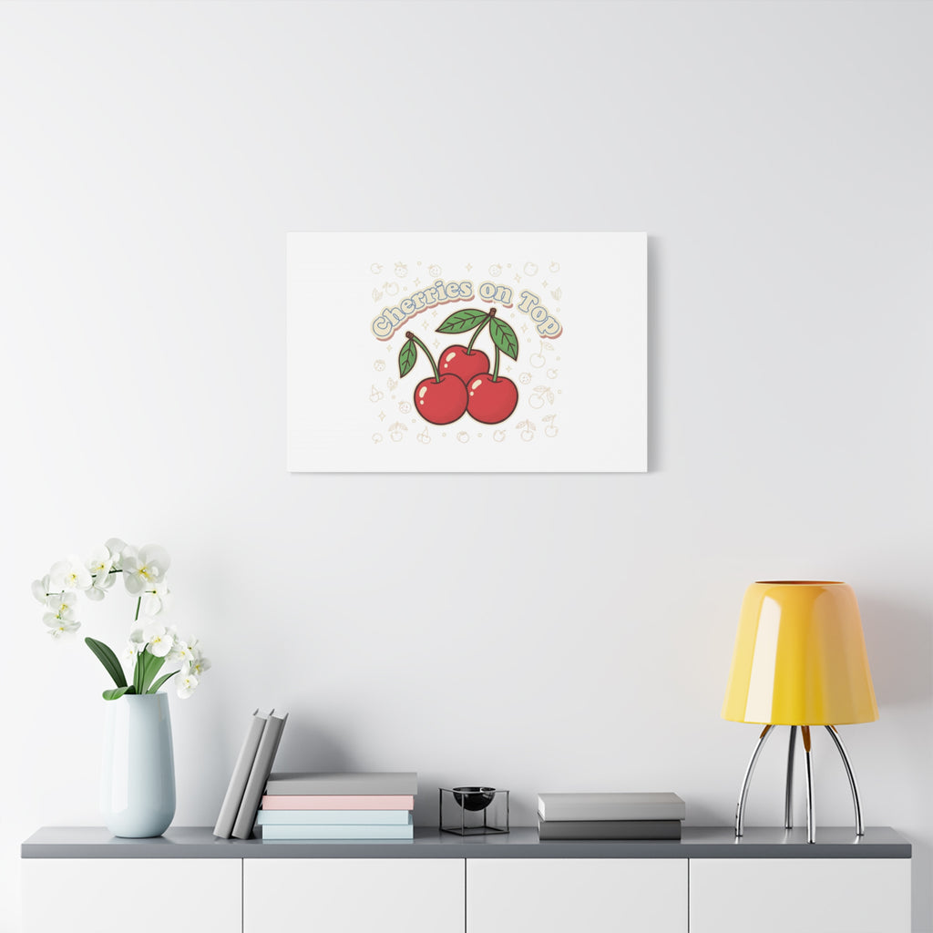 Cherries on Top Canvas | Retro Kawaii Fruit Print, Cherry Wall Art