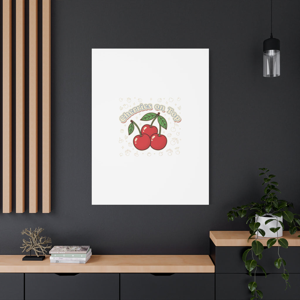 Cherries on Top Canvas | Retro Kawaii Fruit Print, Cherry Wall Art