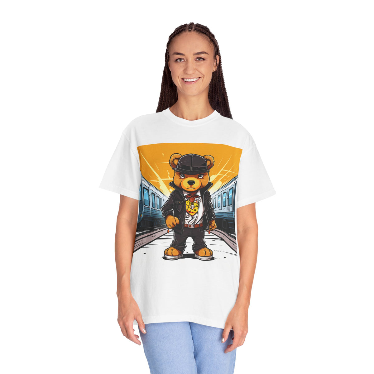 Streetwear Teddy Bear Graphic T-Shirt — Urban Train Station Design
