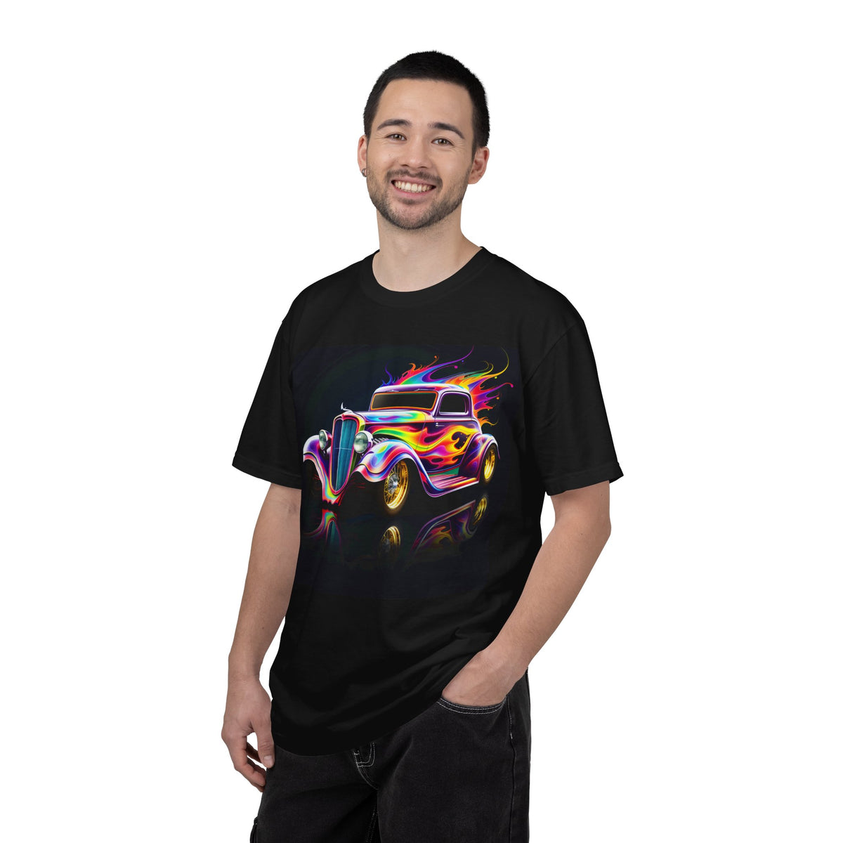 Classic Hot Rod T-Shirt — Neon Flame Vintage Car Graphic Tee
