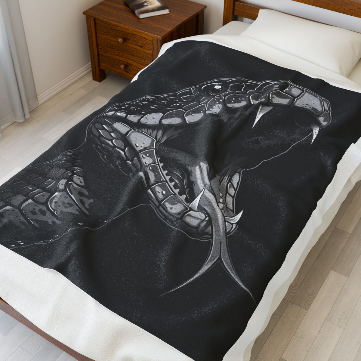 Snake Head Velveteen Plush Blanket — Monochrome Rattlesnake Throw for Gothic, Nature & Reptile Lovers