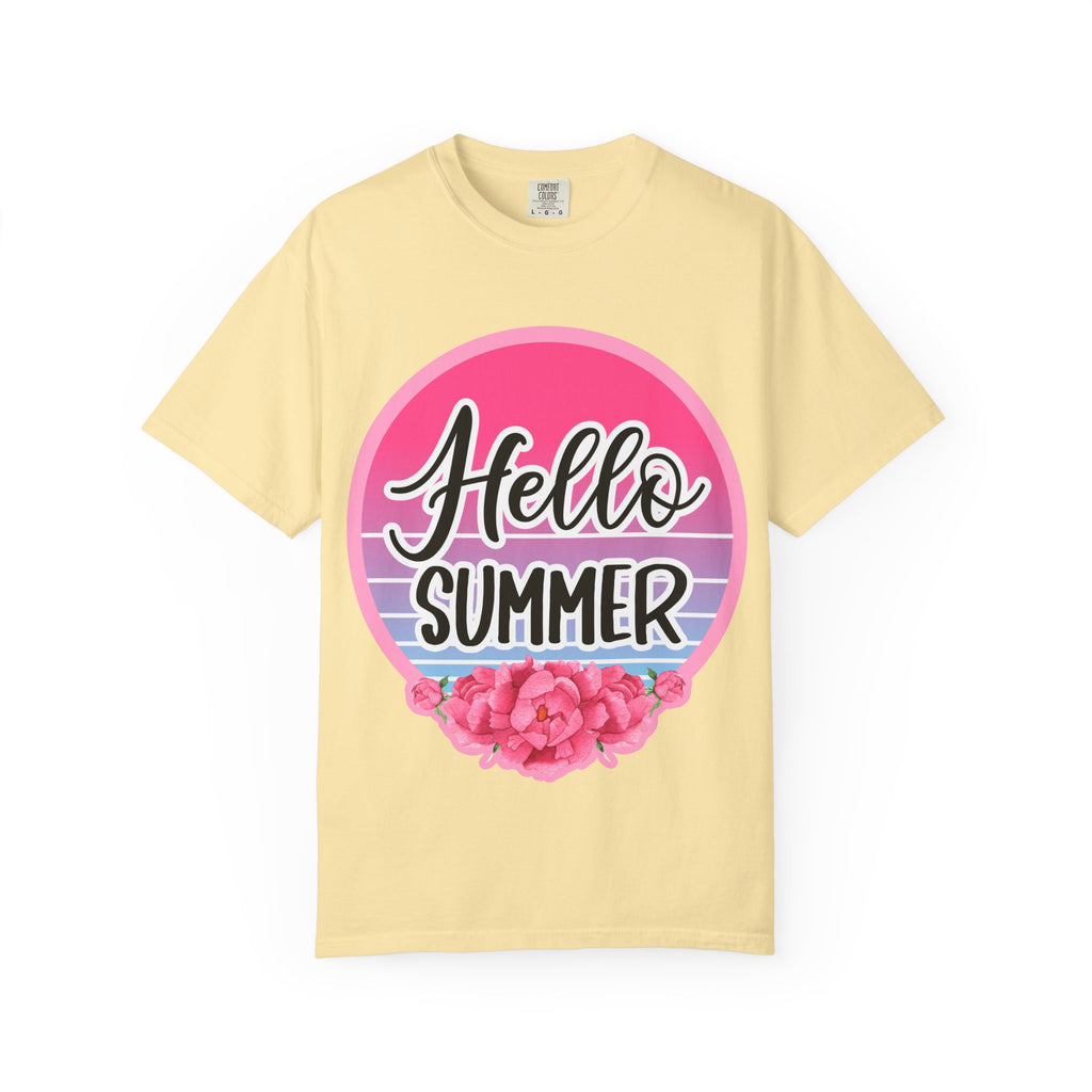 Hello Summer T-Shirt — Pink Retro Sunset Floral Tee