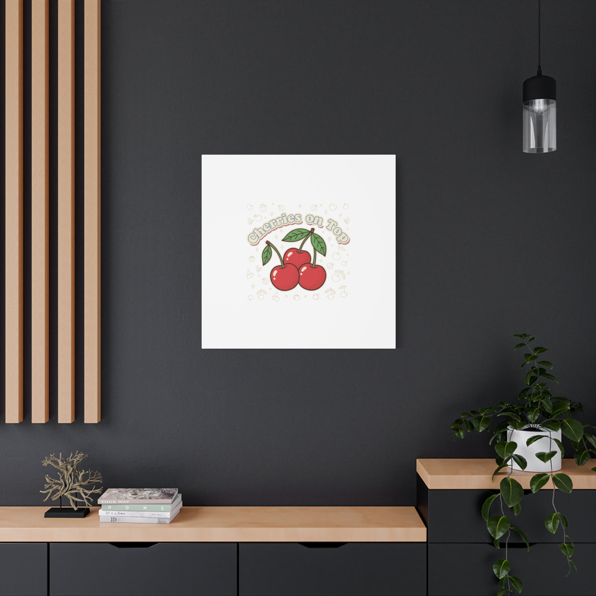 Cherries on Top Canvas | Retro Kawaii Fruit Print, Cherry Wall Art
