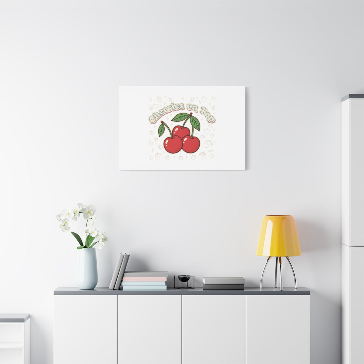 Cherries on Top Canvas | Retro Kawaii Fruit Print, Cherry Wall Art