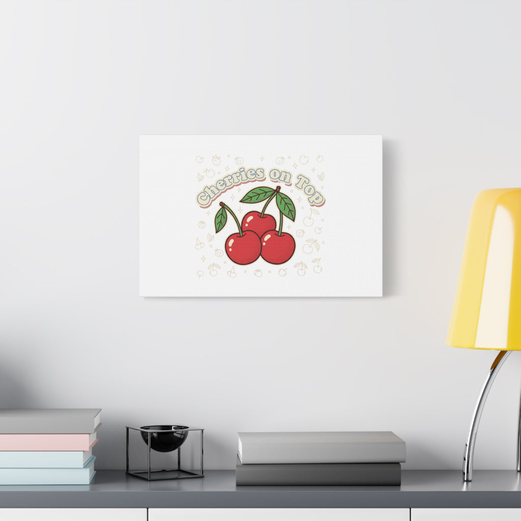 Cherries on Top Canvas | Retro Kawaii Fruit Print, Cherry Wall Art
