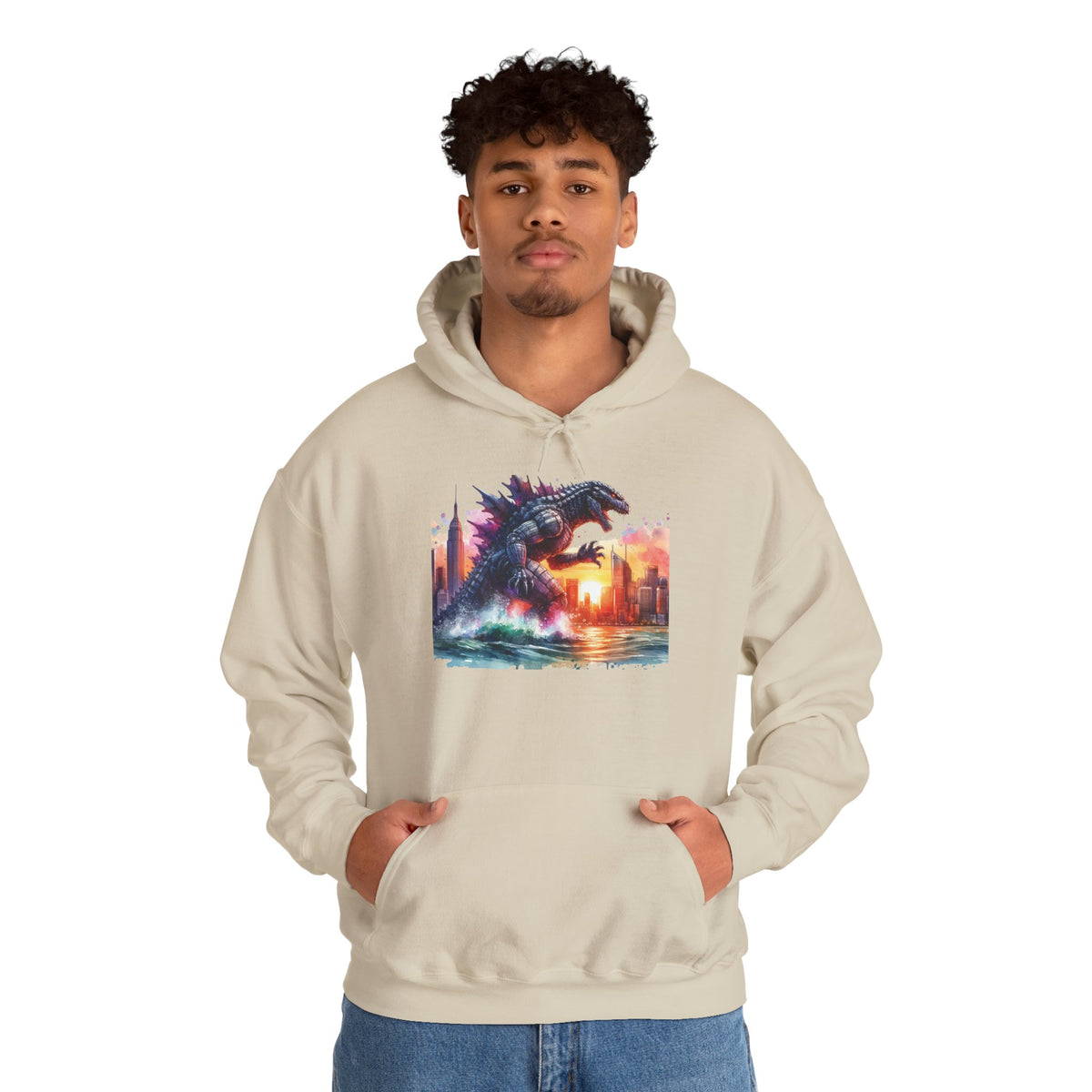 Godzilla Cityscape Hoodie – Retro Sunset Kaiju Graphic Sweatshirt