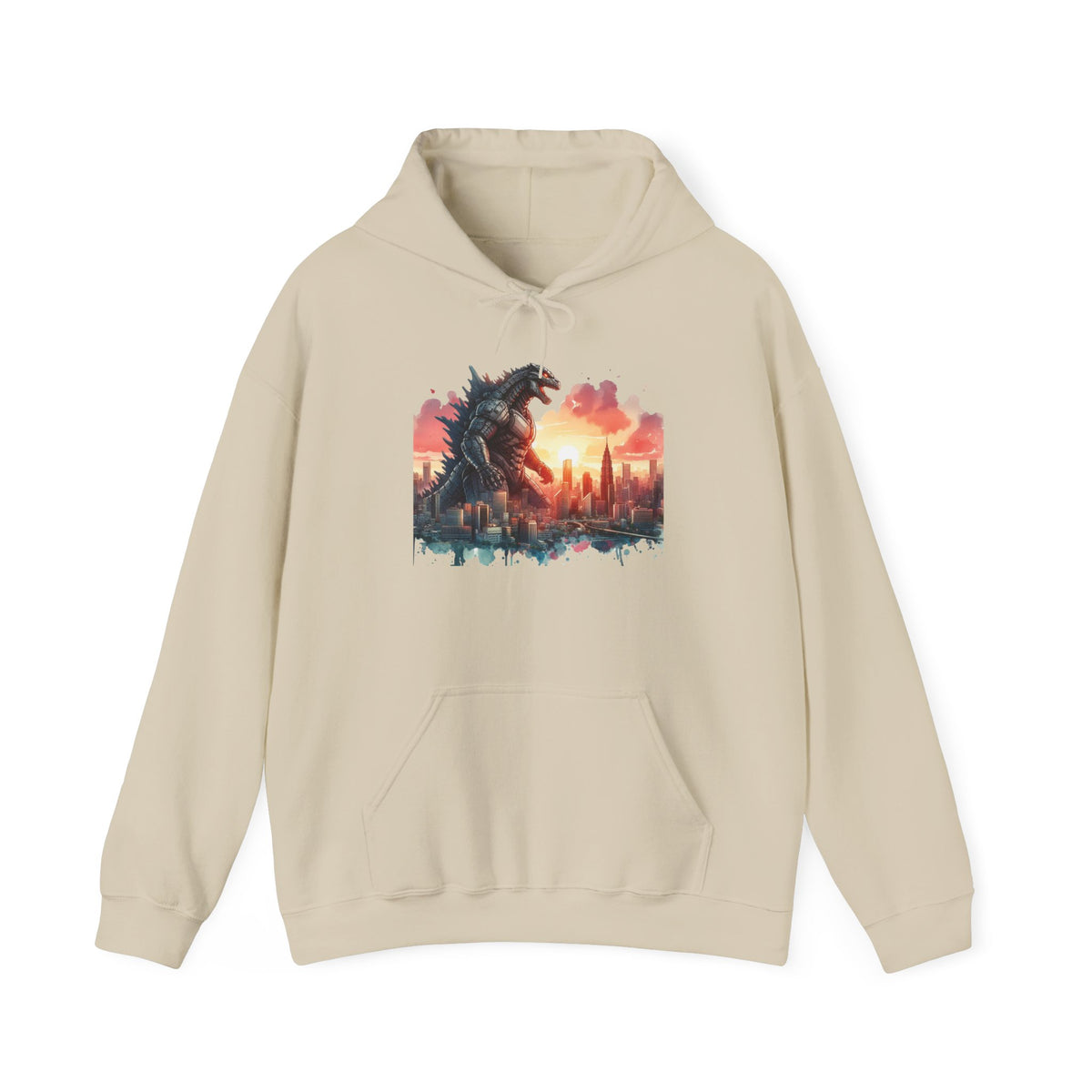 Godzilla Cityscape Hoodie – Retro Sunset Monster Graphic Pullover