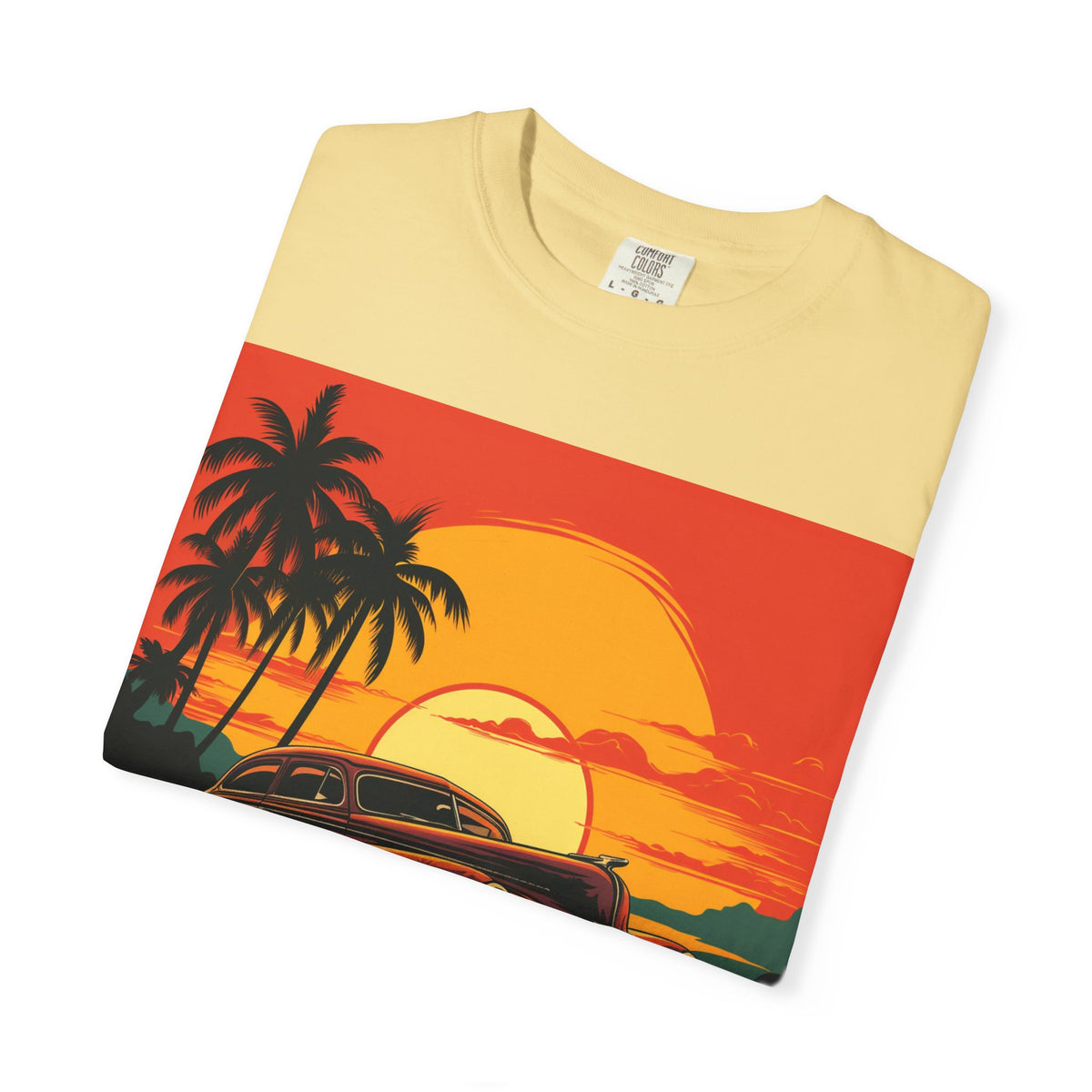 Vintage Sunset Car T‑Shirt — Retro Palm Beach Cruiser Tee