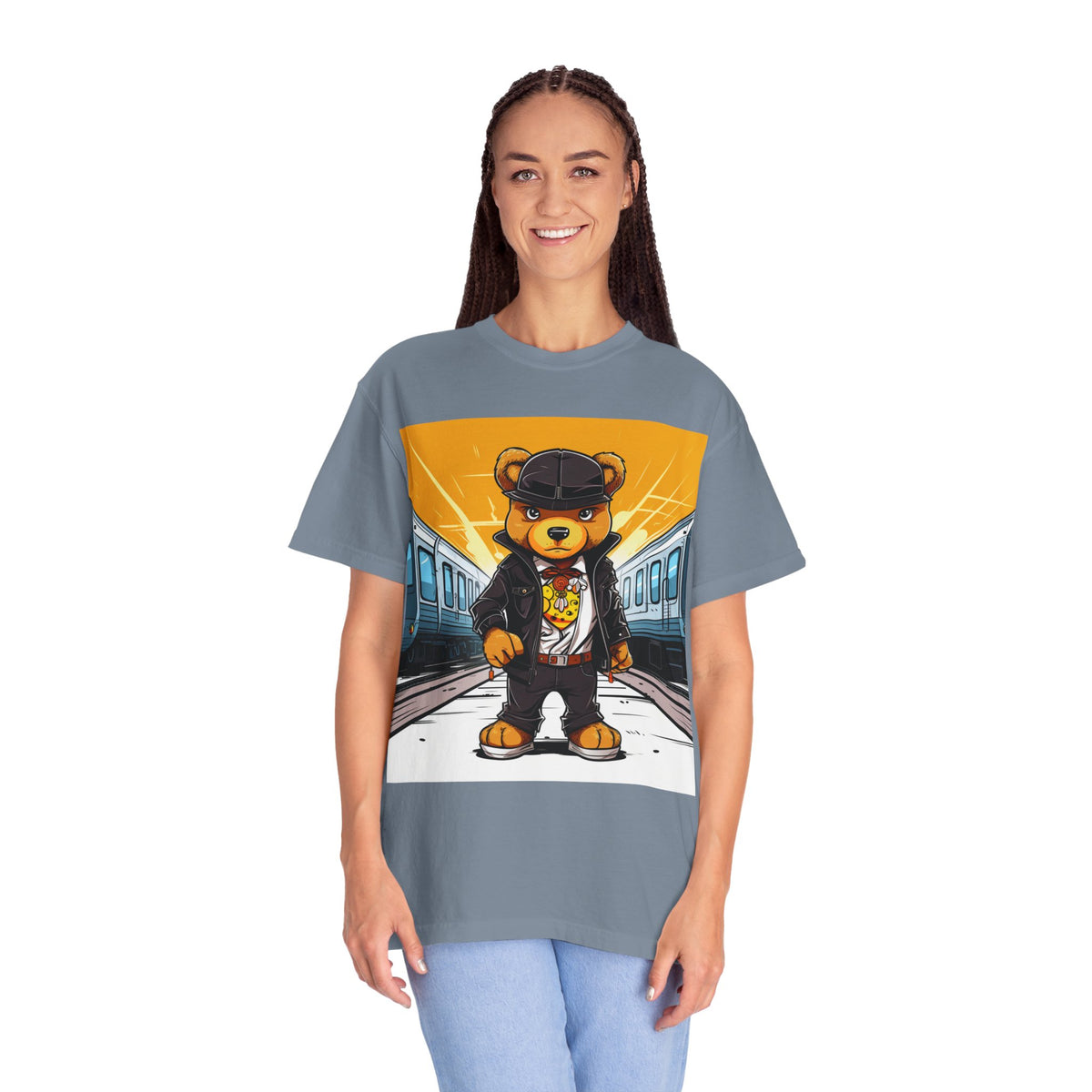 Streetwear Teddy Bear Graphic T-Shirt — Urban Train Station Design