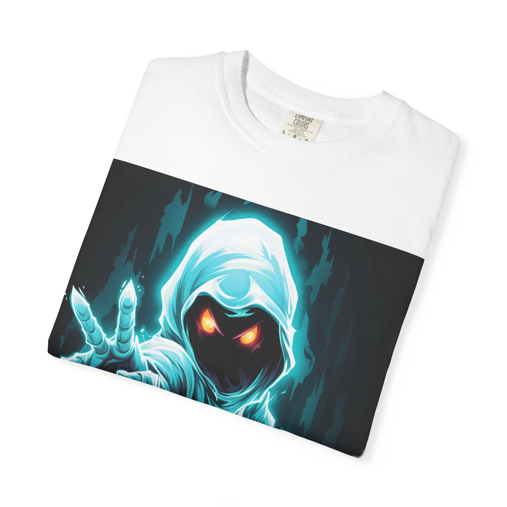 Ghostly Hooded Spirit T-Shirt — Neon Blue Phantom Graphic Tee