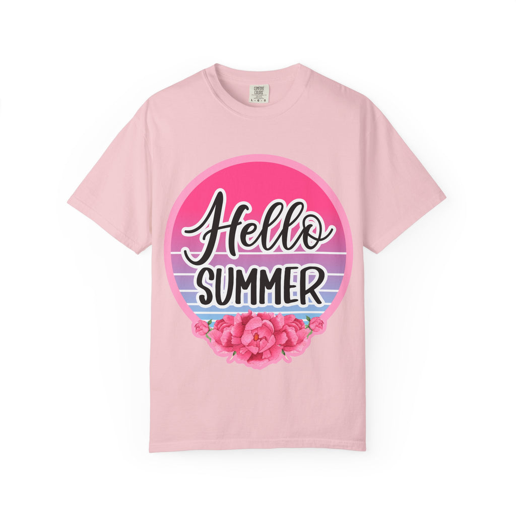 Hello Summer T-Shirt — Pink Retro Sunset Floral Tee