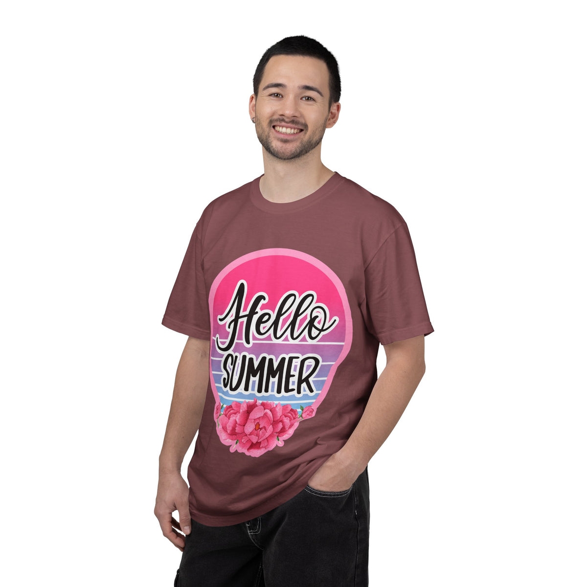 Hello Summer T-Shirt — Pink Retro Sunset Floral Tee