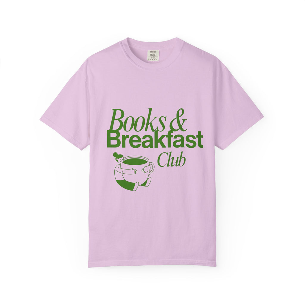 Books & Breakfast Club T-Shirt — Cozy Reading Tea Mug Tee for Book Lovers