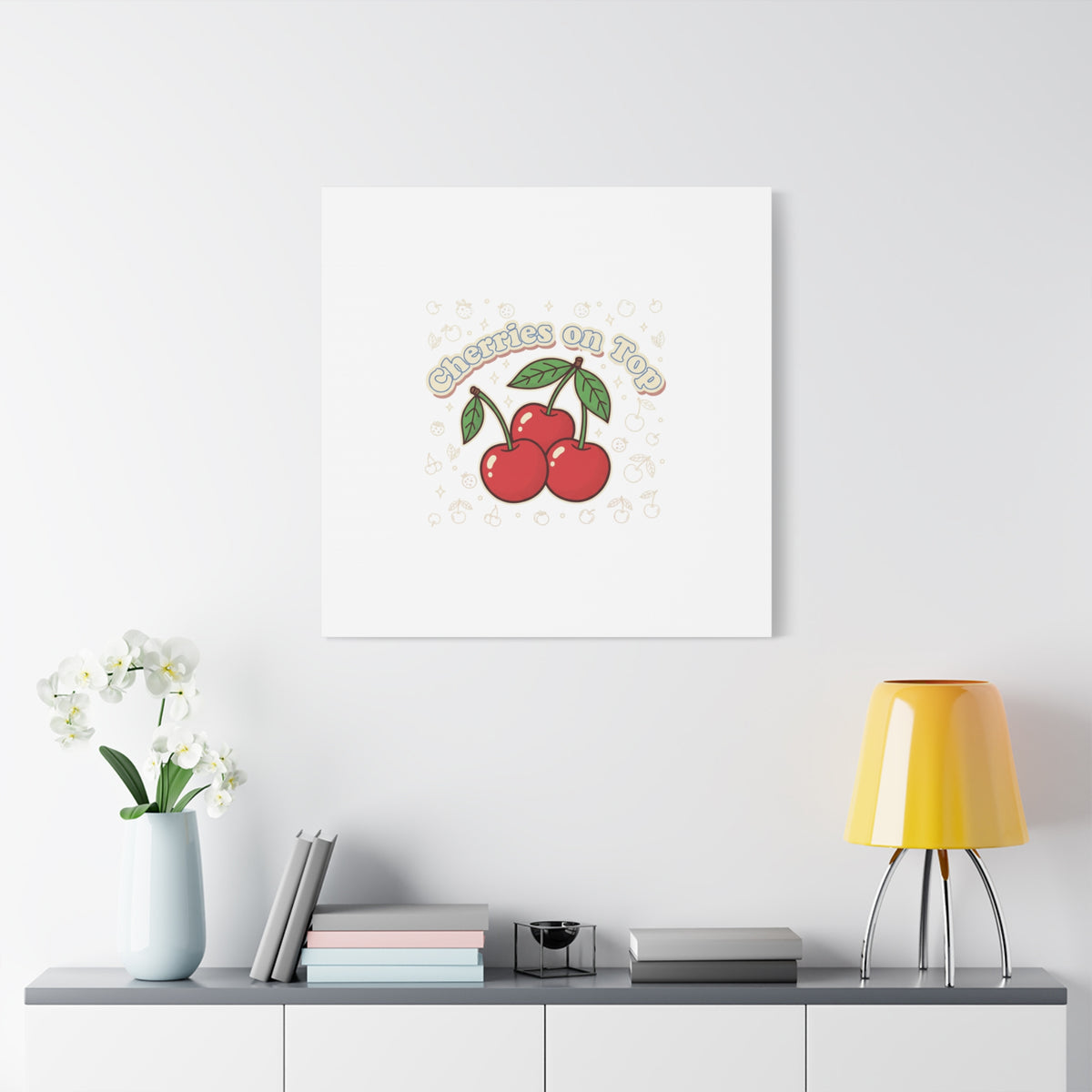 Cherries on Top Canvas | Retro Kawaii Fruit Print, Cherry Wall Art